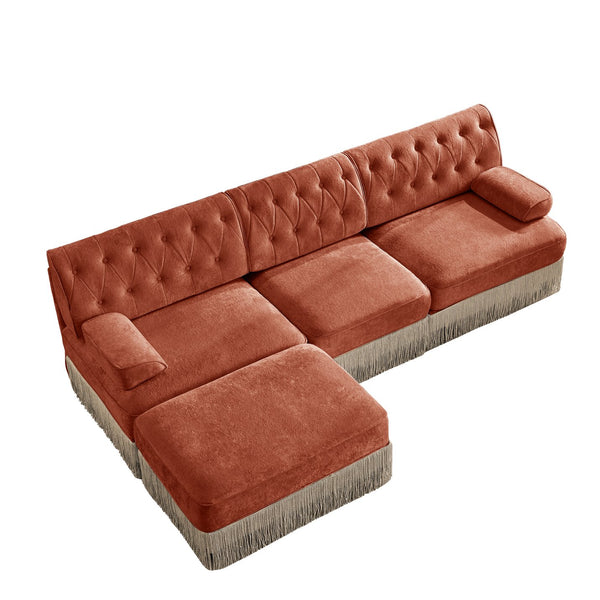 English Elm 3-seater Velvet Modular Sectional with Button Tufting Tassel Skirt and Wooden Base Red+Brown W714S01723
