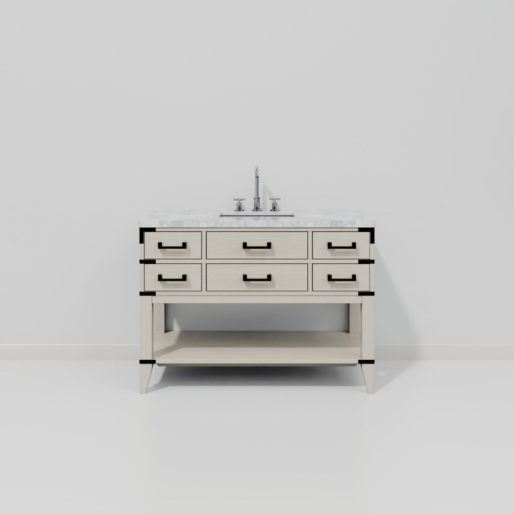 English Elm White Oak Single Bath Vanity 48" W With Carrara Marble Top & Chrome Faucet – Elegant Storage Solution B2731P260242-GIGA