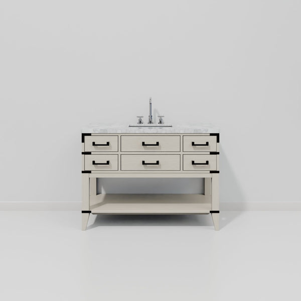 English Elm White Oak Single Bath Vanity 48" W With Carrara Marble Top & Chrome Faucet – Elegant Storage Solution B2731P260242-GIGA