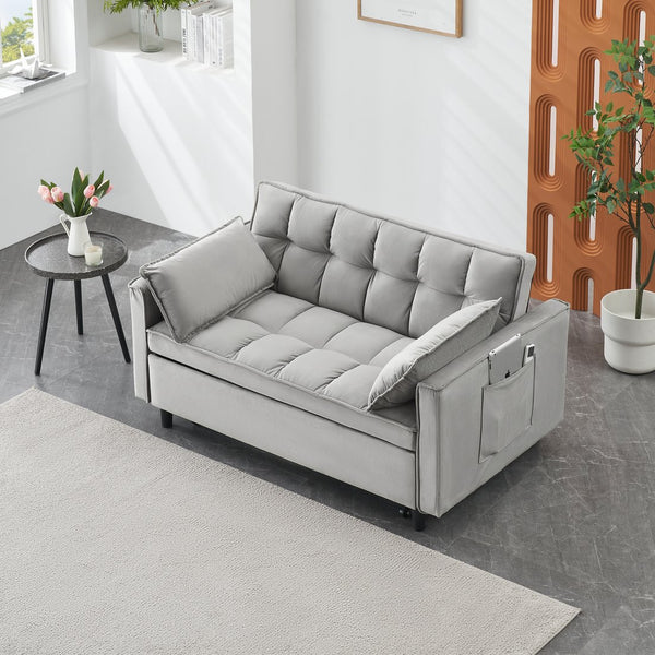 English Elm Modern Velvet Loveseat Futon Sofa Bed 3-in-1 Convertible Small Sleeper Couch with Recline, Pillows, Pockets, Beige Gray W3371P315000