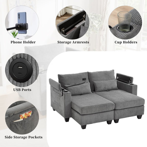 English Elm Convertible Chaise Lounge Sofa Bed With Usb Ports, Cup Holders & Storage - Stylish Grey Sleeper Sofa N719S002020E