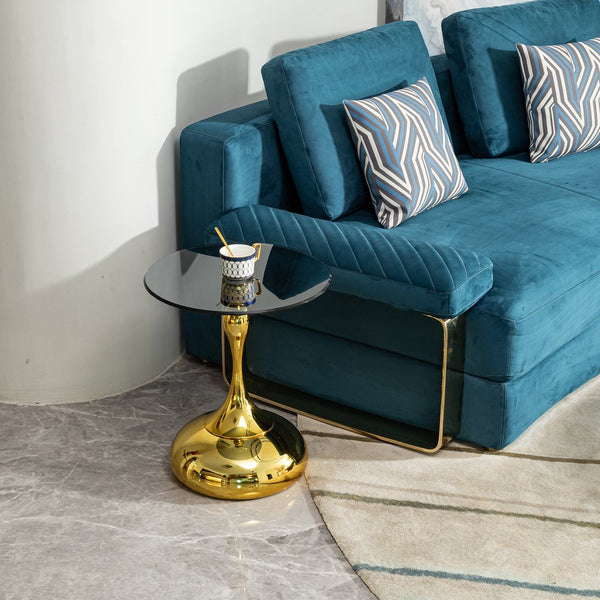 English Elm Small Round Glam Side Table Gold Metal Frame Clear Tempered Glass Top Compact Living Room W2723P262937
