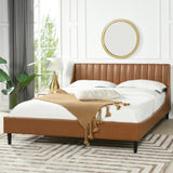 English Elm Aspen Vertical Tufted Headboard Platform Bed Set, King, Caramel Tan Brown Faux Leather