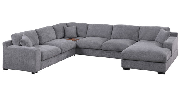 English Elm Chiara Chenille Corner Sectional with Chaise Cupholders Charging Ports for Living Room Light Gray B2749S00117