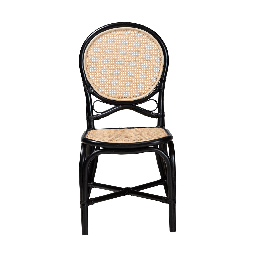 English Elm Mid-century Woven Rattan Dining Chair with Circular Back and Black Lacquered Legs B2750P467659