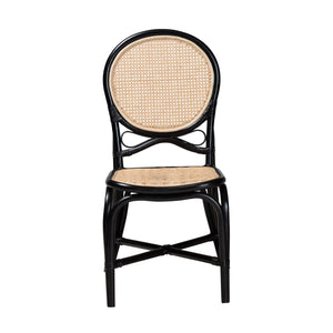 English Elm Mid-century Woven Rattan Dining Chair with Circular Back and Black Lacquered Legs B2750P467659