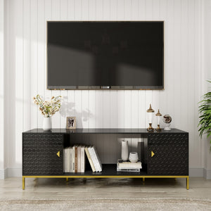 English Elm 70 Electric Fireplace TV Stand with Honeycomb Doors & Gold Legs, Sturdy MDF Console with Adjustable Shelves and Open Storage for Modern Living Room Black 75.6 L x 19.3 W x 5.5 H T3609P332395