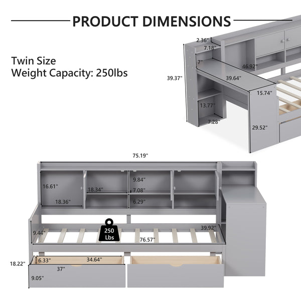 English Elm Twin L-Shape Daybed with Storage, 3 Cabinets & 2 Drawers, Built-In Desk Bookshelf, Gray Twin N733S247070E