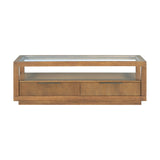 English Elm Modern Wood Coffee Table With 2 Drawers ,Minimalist Display Coffee Table With Transparent Tempered Glass, Open Storage Shelf For Living Room