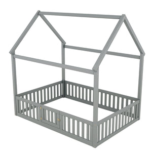 English Elm Full Size Pine House Bed with Pitched Roof Fence and Door for Kids Playroom WF531502AAE