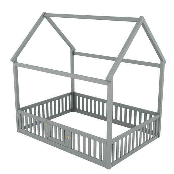 English Elm Full Size Pine House Bed with Pitched Roof Fence and Door for Kids Playroom WF531502AAE
