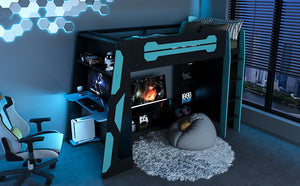 English Elm Twin Gaming Loft Bed with Desk Rgb Lighting and Multi-tier Shelves for Teen Rooms Blue LT000160AAC