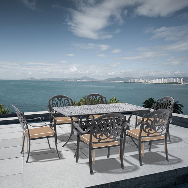 English Elm 7-Piece Cast Aluminum Patio Furniture Set With Plush Brown Cushions For Stylish Outdoor Dining & Relaxation W1710S00488