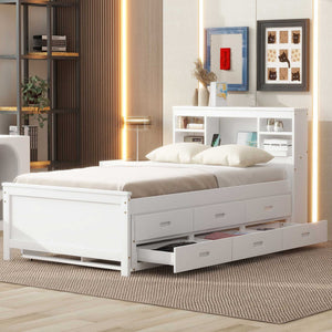 English Elm Twin Platform Bed with Storage Headboard, Pull-Out Trundle & 3 Drawers, USB Ports, Solid Wood Durability White GX000715AAK
