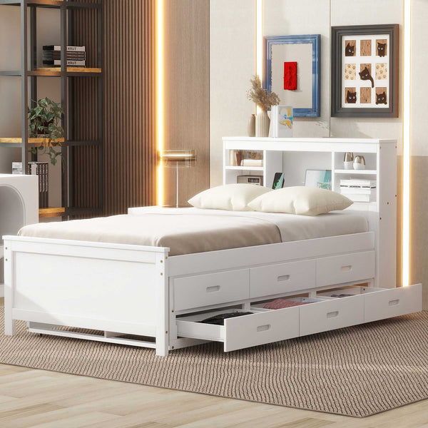 English Elm Twin Platform Bed with Storage Headboard, Pull-Out Trundle & 3 Drawers, USB Ports, Solid Wood Durability White GX000715AAK