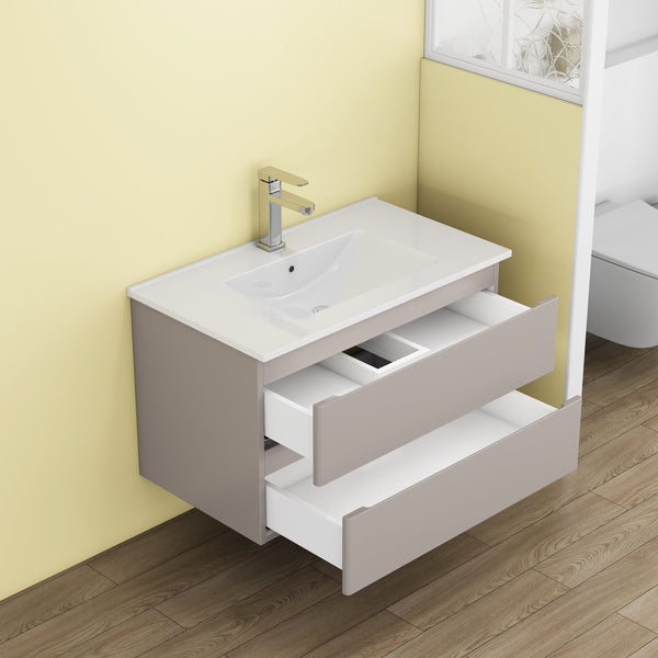 English Elm 32-Inch Wall-Mounted Bathroom Vanity With Soft-Close Drawers, Ceramic Sink & Modern Mocha Gray Finish W3151S00048