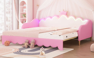 English Elm Twin Extending Daybed with LED Crown Headboard, Upholstered Princess Design for Cozy Kids Room Pink 45 L x 23 W x 7.2 H HL000104AAH