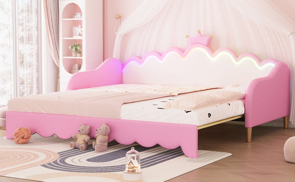 English Elm Twin Extending Daybed with LED Crown Headboard, Upholstered Princess Design for Cozy Kids Room Pink 45 L x 23 W x 7.2 H HL000104AAH