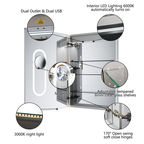 English Elm Smart Led Medicine Cabinet with Anti-fog Mirror Gfci Outlet Dimming Bathroom Storage W637P382875
