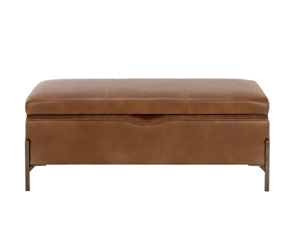 Sunpan Kael Storage Bench – Modern Faux Leather Bench with Antique Brass Legs and Unique Wooden Texture