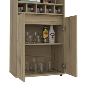 English Elm Redding Floor Bar Cabinet with Wine Cubbies Glass Rack and Open Display Shelves B128S00156