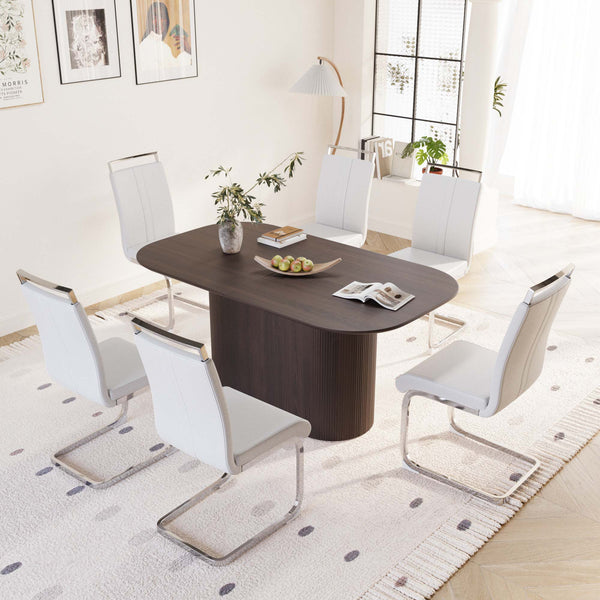 English Elm 63" Mid-Century Modern Brown Mdf Dining Table & 6 Pu Armless Chairs Set For Stylish Dining Spaces W2189S00677