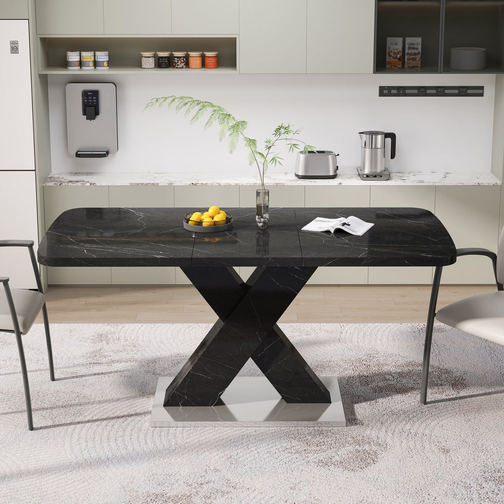English Elm Modern Rectangle Dining Table - Stretchable Black Marble Top With X-Shape Mdf Legs & Metal Base W757P242762
