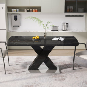 English Elm Modern Rectangle Dining Table - Stretchable Black Marble Top With X-Shape Mdf Legs & Metal Base W757P242762