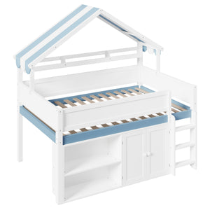 English Elm Full Size Pine Loft Bed with House Canopy Roof Built in Shelves and Storage Cabinet N7090005012C