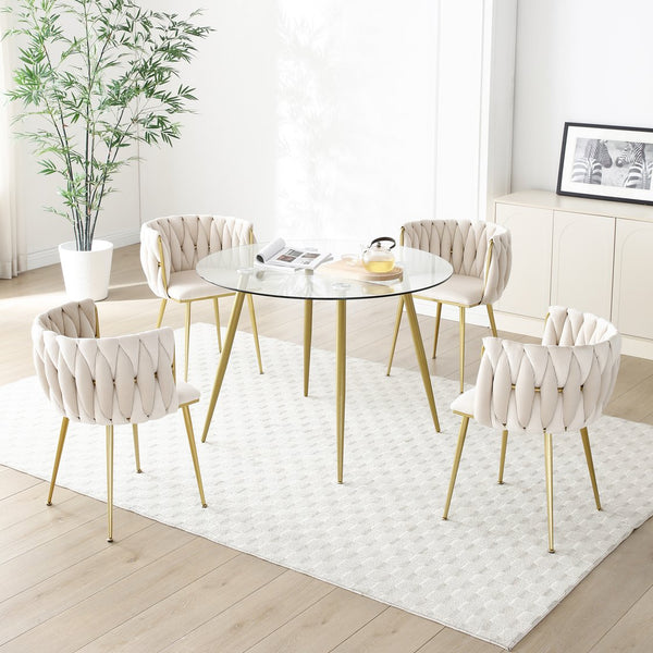 English Elm Modern Velvet Dining Chairs Set of 2 with Woven Backrest and Gold Metal Legs, Elegant Arc Design for Home Beige W1117P209795