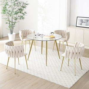 English Elm Modern Velvet Upholstered Dining Chairs Woven Back Gold Legs Set of 2 for Any Room W1117P440615