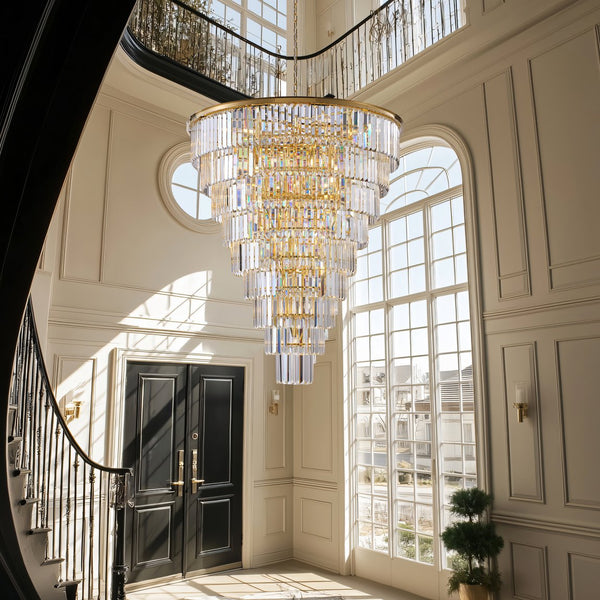 English Elm 48-Inch Gold Tiered Crystal Chandelier — 45-Light E12, 580 Crystal Rods, Mirror Finish, Dramatic Foyer Statement W2869S00030