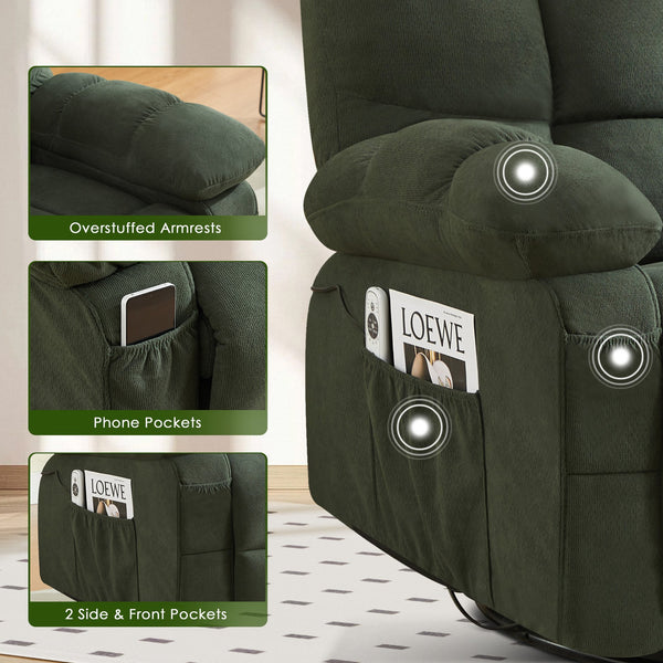 English Elm Massage Swivel Recliner Oversized Chair with Heating Nodes and Usb Port for Living Room Green W1521P352668