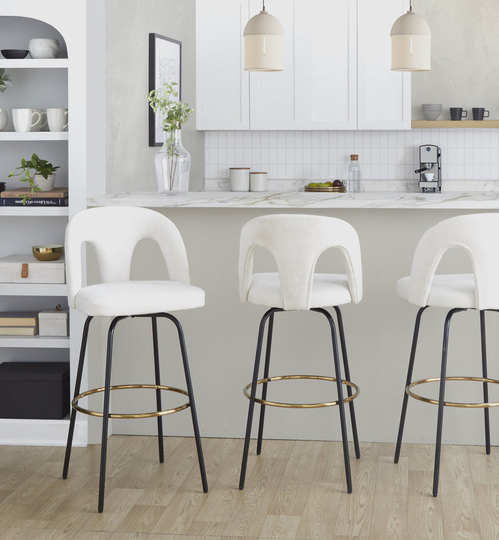 English Elm Fixed-height Swivel Barstools with Gold Footrest Black Frame White Upholstery Set B202S01873