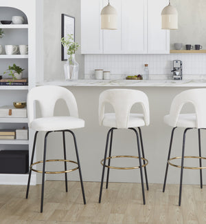 English Elm Fixed-height Swivel Barstools with Gold Footrest Black Frame White Upholstery Set B202S01873