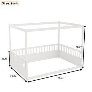 English Elm Full Canopy Bed Frame with Guardrails for Kids Full Size Pine Wood Montessori Floor Bed Cozy Canopy White W1858P252840