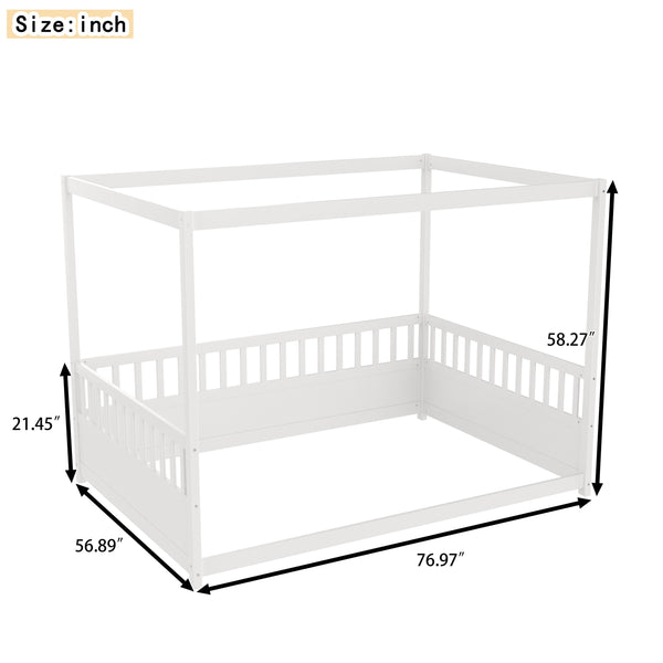 English Elm Full Canopy Bed Frame with Guardrails for Kids Full Size Pine Wood Montessori Floor Bed Cozy Canopy White W1858P252840
