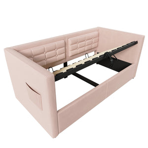 English Elm Upholstered Twin Daybed with Hydraulic Storage, Velvet Tufted Sofa Back, USB & Type-C Charging Port Pink N736P303402P