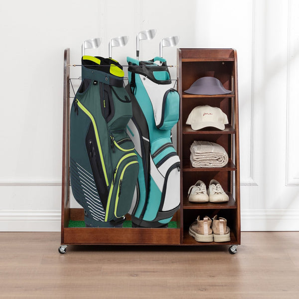 English Elm Golf Bag Storage Rack Wooden 2 Bag Organizer with Shoe Shelf for Garage Basement Brown W1422P296352