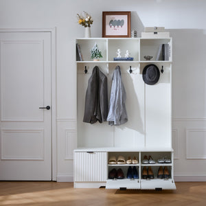 English Elm 49.6 Inch Farmhouse Hall Tree with Bench Shoe Cabinet Hooks and Open Shelving W3871S00001