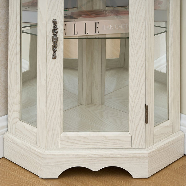 English Elm Lighted Corner Curio Cabinet With Adjustable Shelves & Integrated Lighting - Elegant White Oak Display W1758P300125