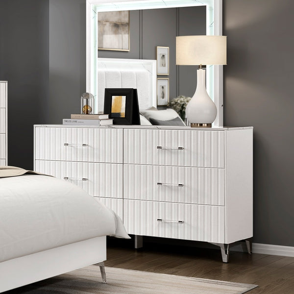 English Elm Glam White Six Drawer Dresser Faux Marble Top Chrome Legs Bedroom Storage B011P443206