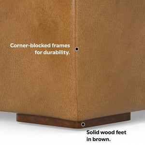 English Elm Rex Brown Sienna Leather Ottoman — Modern Boxy Footrest or Coffee Table, Solid Wood Frame, 36.6" x 34.7" B136P203410