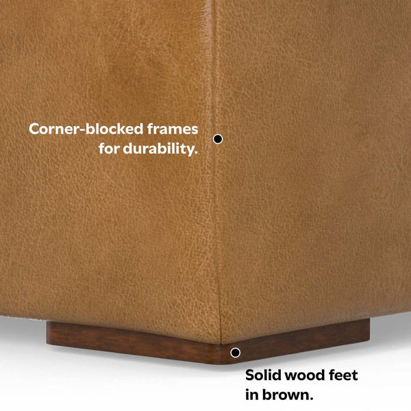 English Elm Rex Brown Sienna Leather Ottoman — Modern Boxy Footrest or Coffee Table, Solid Wood Frame, 36.6" x 34.7" B136P203410