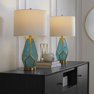 English Elm Glass Glam Table Lamp Set Two Linen Shade Nightstand Bedroom Accent Lighting Gold,Turquoise,White B202P471579
