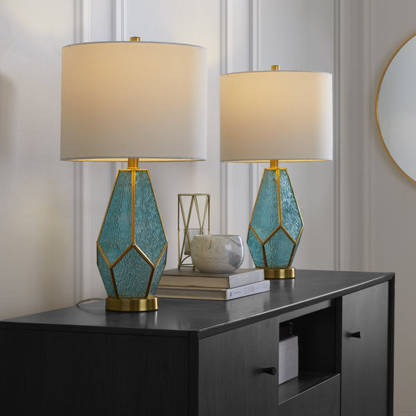 English Elm Glass Glam Table Lamp Set Two Linen Shade Nightstand Bedroom Accent Lighting Gold,Turquoise,White B202P471579