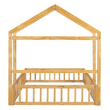 English Elm Wooden Floor Bed With Fence Railings and Detachable House Shape Headboard,Full Size Bed With Kids Dress Up Rack, Kids Montessori Style Playhouse Frame For Girls Boys, Natural