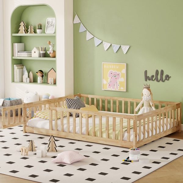English Elm Full Size Rubberwood Floor Bed with Safety Guardrails and Latching Door for Toddlers Natural W504P429299