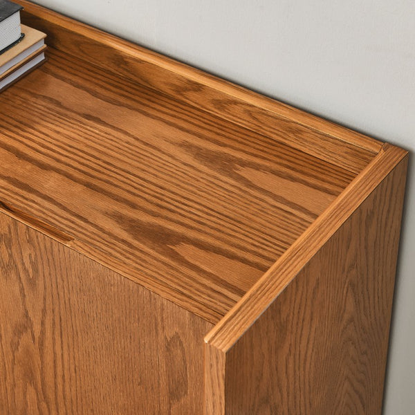 English Elm Walnut-colored Rustic Sideboard Buffet Cabinet with Solid Wood Veneer, Hidden Handles, Adjustable Shelves (33.9"x15"x31.5") W1801P195597