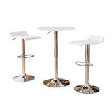 English Elm Baxton White Adjustable Height Wood and Chrome Metal Bar Table and 2 Chrome Air Lift Adjustable Swivel Stools Set